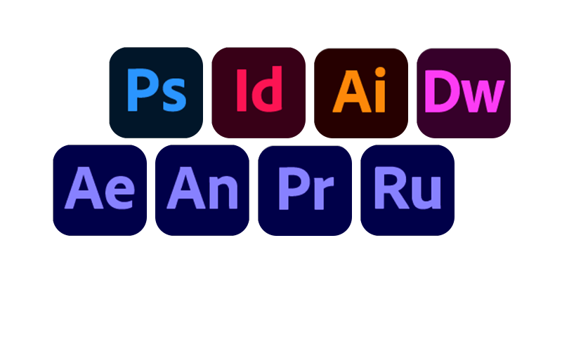 Adobe icons included in a Creative Cloud subscription, such as Photoshop, Illustrator, or InDesign