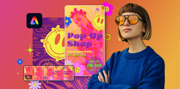 Adobe Express 生成 AI テキスト効果を使用してポップアップショップの広告ビデオを作成するコンテンツクリエーター